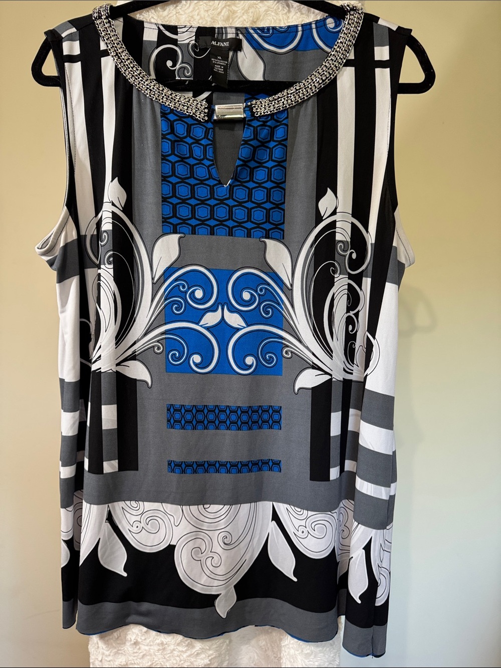 Alfani Black, White & Blue Beaded-Neck Printed Sleeveless Tank